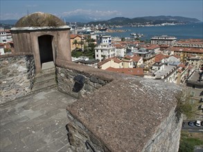 View from a castle to a mediterranean town and the harbour and the sea behind, Bari, Italy, Europe