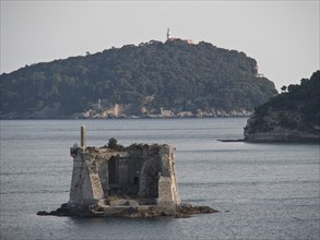 Old, damaged tower in the sea in front of a wooded hill with lighthouse, Bari, Italy, Europe