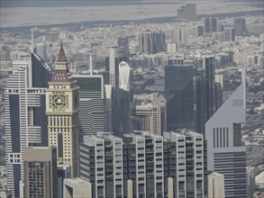 Close-up of skyscrapers and urban landscape by day, Dubai, Arab Emirates