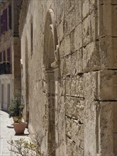 Historic stone street by sunlit buildings, decorated with potted plants, the town of mdina on the