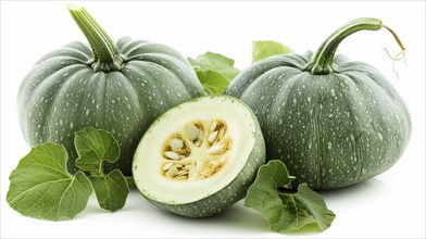 Two green pumpkins with one cut open showing seeds and green leaves on a white background, AI