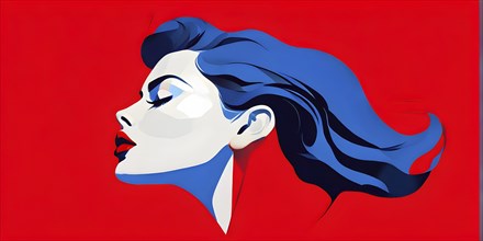 Abstract minimalistic side view portrait of a woman with red lips and blue eye shadow, AI generated