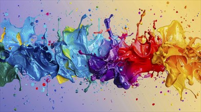 Vivid rainbow splashes of paint creating a dynamic and abstract representation of colors blending