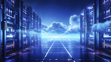 Server racks aligned in rows within a cloud computing data center background and data streams