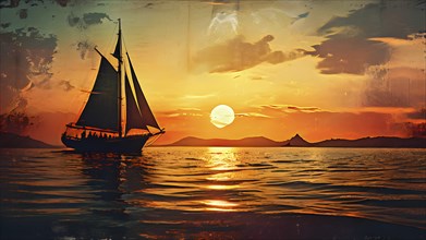 Vintage grungy poster of sailboats with sunset background, AI generated