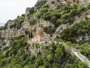 St . Michael's Church, Byzantine church in Berat from a drone, Osum River, Albania, Europe