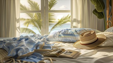 A beach scene with a hat on a bed. The window is open, letting in the sunlight, IA generated, AI