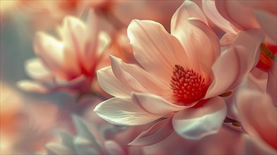 Dreamy close-up of a peach-colored magnolia blossom with soft lighting highlighting its delicate