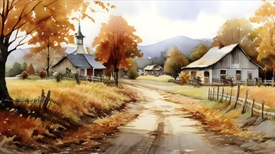 Watercolor depiction of a idylic village in fall with colored leaves, AI generated