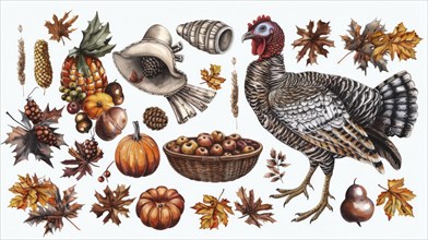 An embellished turkey amidst autumn leaves, pumpkins, a basket of apples, and harvest symbols, AI