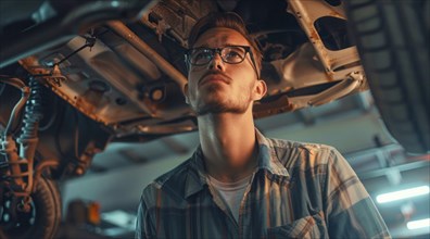 Car mechanic working on fixing and repairing a car in a garage, AI generated