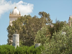 Historic tower behind dense trees under a clear sky, Tunis in Africa with ruins from Roman times,
