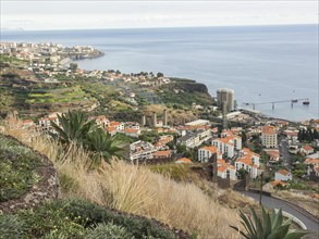 City view on the coast, with houses, fields and green hills, right by the sea, Madeira, Portugal,