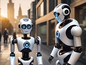 Two androids, robots talking on the street, symbolic image artificial intelligence replaces humans,