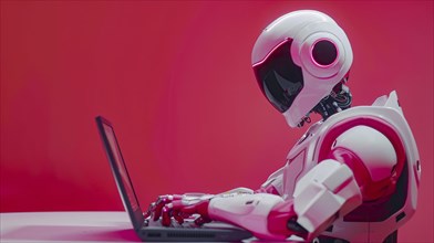 A robot working on a laptop in a sleek, modern workspace with a futuristic design, AI generated