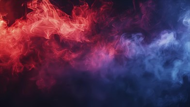 Intense abstract image with contrasting red and blue smoke swirling on a dark background, AI