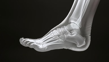 Detailed X-ray image of a human foot with visible skeleton in front of a dark background, AI