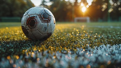 A soccer ball on a green field is illuminated by the golden glow of the setting sun near a goal