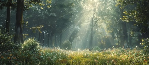 A peaceful forest opening with a sunlit meadow aglow with flowers and dense green trees surrounding