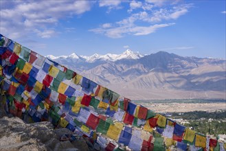 Panorama from Tsenmo hill over Leh and the Indus valley to Stok Kangri, 6153m, Ladakh, Jammu and