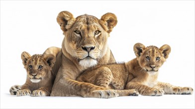Lioness rests with two cubs, presenting a serene and protective family scene, AI generated
