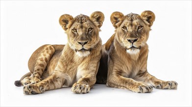 Two lionesses sit side by side, indicating strong bond, symmetry, and vigilance, AI generated