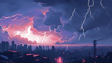 Illustration of a apocalyptic thunderstorm with end of the world scenario featuring lightning