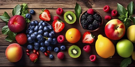 Top view illustration of assorted vibrant fruit and vegetable composition, Top view illustration of