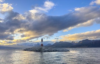 Lighthouse Faro Les Eclaireurs at sunset, dramatic clouds, Beagle Channel, Tierra del Fuego, Tierra