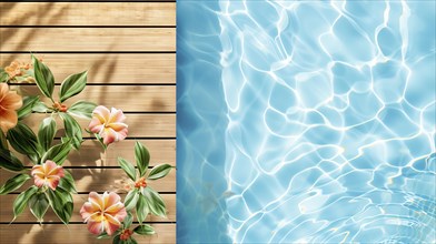 A wooden deck with a flowery plant next to a pool, IA generated, AI generated