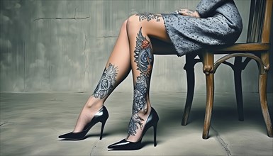 Woman sitting on a wooden chair, showing tattooed legs in high-heeled black shoes and a grey dress,