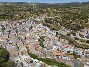 Aerial view of a picturesque town on a hill with serpentine roads and surrounding fields in summer,