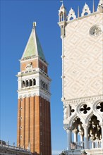 Beautiful Bell Tower and Doge's Palace on St. Mark's Square with Blue Clear Sky in a Sunny Day in