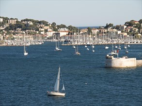 A sailboat on the water in front of a harbour, surrounded by buildings and coastal landscape under