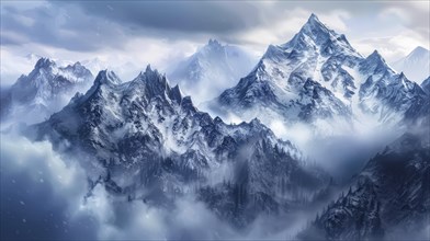 Snow-covered mountain peaks surrounded by mist, evoking a cold, dramatic atmosphere with visible