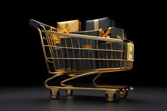 Black friday shopping cart brimming with black gift boxes tied with golden ribbons against a dark