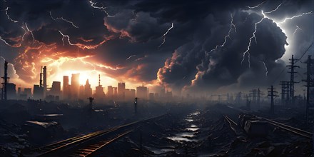 Illustration of a apocalyptic thunderstorm with end of the world scenario featuring lightning