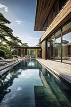 Luxurious wooden house with swimming pool reflecting the opulence of billionaires nestled in