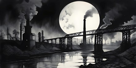 Illustration of industrial landscape with river and smoking chimneys under a full moon symbolizes