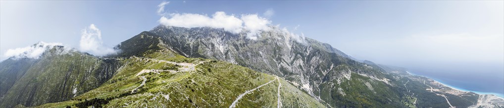 Panorama of Mountains over Llogara Pass from a drone, Panorama Llogara, Ceraunian Mountains,