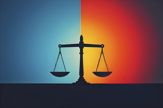 Abstract minimalistic illustration of balanced scales representing justice and law, AI generated