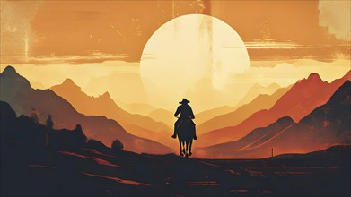 Vintage grungy poster of an equestrian riding a horse in sunrise with mountains in background, AI