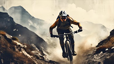 Vintage grungy poster of mountain bike cyclist with mountain background, AI generated
