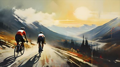 Abstract vintage grungy poster of a group of cycling athlete in the Alps, AI generated