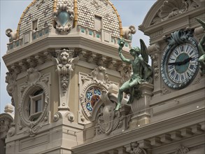 Close-up of a building with decorative elements, a clock and dome, Monte Carlo, Monaco, Europe