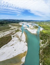 Panorama of Vjosa Wild River National Park from a drone, Albania, Europe