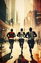 Vintage grungy poster of marathon runners with cityscape skyline background, AI generated