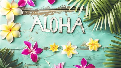 Flat lay style of Hawaiian concept on seafoam green rusty wooden background, AI generated