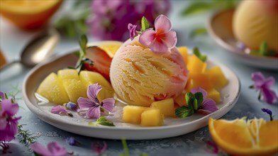 Plate of fruit and ice cream garnished with flowers and mint, AI generated