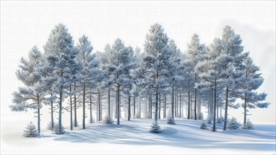 A forest of snowy trees in a winter setting, with a serene and cold atmosphere, depicted in